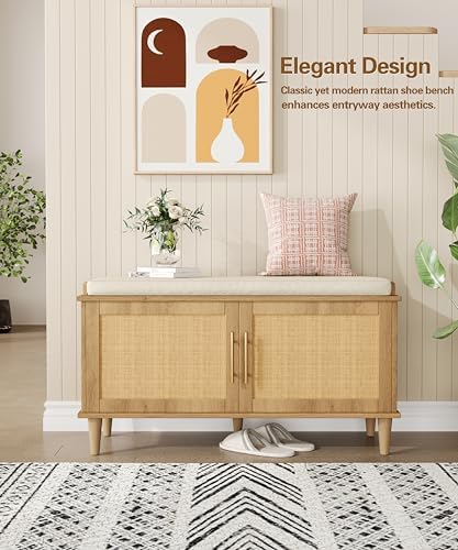 akxomel 39.4" rattan shoe storage bench 2 doors, view 9