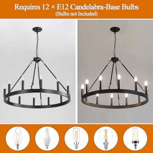 Black Wagon Wheel Chandelier, 12-Lights 32 Inch Farmhouse Pendant Light Fixture, Round Rustic Hanging Lighting for Dining Room Kitchen Island Foyer Entryway