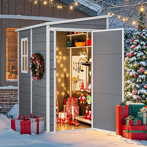 dwvo 5x4ft resin outdoor storage shed with floor, front angle view