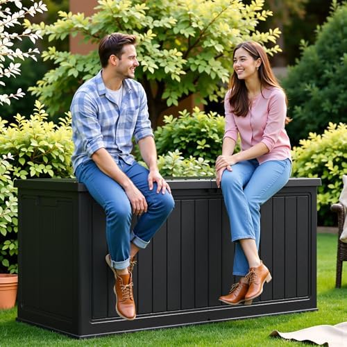 flamaker resin deck box 270 gallon, xxl waterproof, front angle view