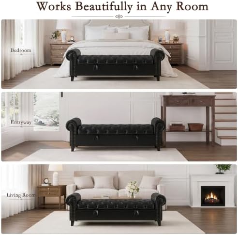 67 inch faux leather storage bench with rolled, front angle view