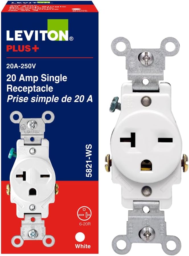 Leviton Single Receptacle Outlet Commercial Specification Grade Smooth Face 20 Amp 250 Volt, Side Wire NEMA 6-20R 2-Pole 3-Wire, White, 5821-W