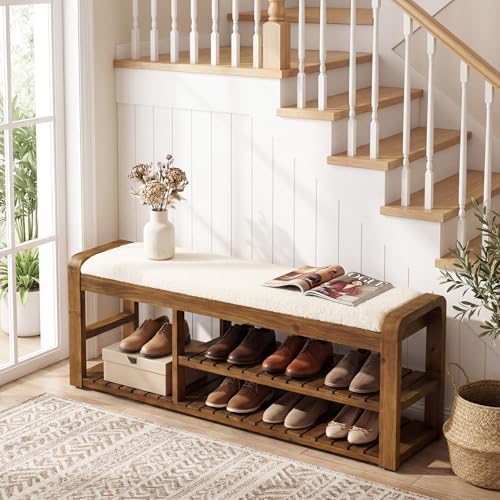 55" shoe storage bench with removable cushion, 2-tier, front angle view