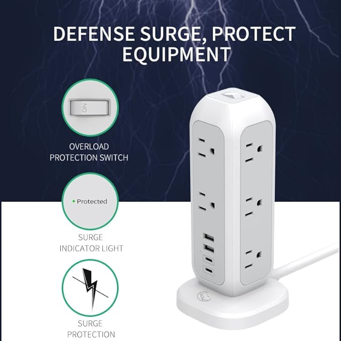Power Strip Tower with Surge Protector – 11 AC Outlets, 4 USB Ports, 6ft - Image 9
