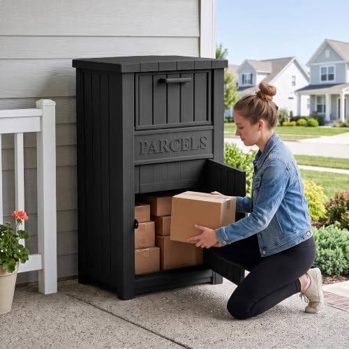 package delivery boxes for outside, 120 gallon outdoor, front angle view