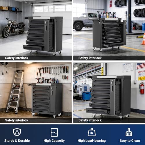 7 drawer rolling tool chest, side drawer, front angle view
