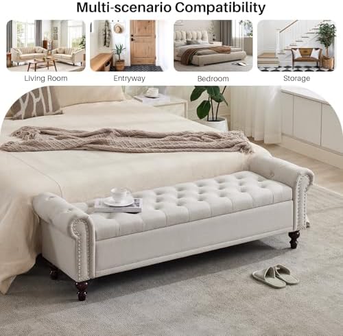 softhion 67" storage bench for bedroom, linen upholstered, front angle view