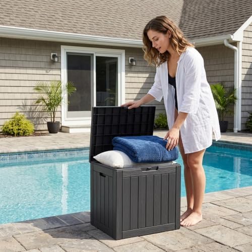 outdoor storage box, 35 gallon waterproof deck box, view 9