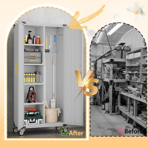 pozdeg 71" rolling lockable metal broom closet storage, front angle view