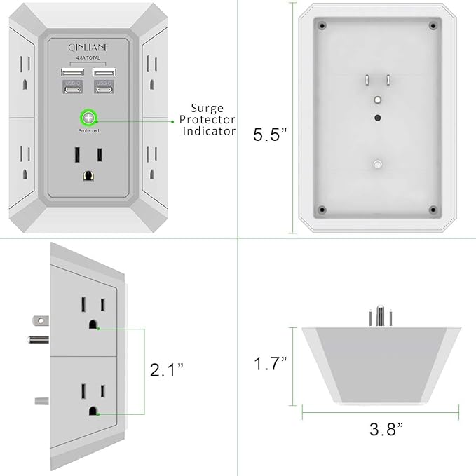 USB Wall Charger, Surge Protector, QINLIANF 5 Outlet Extender - Image 7