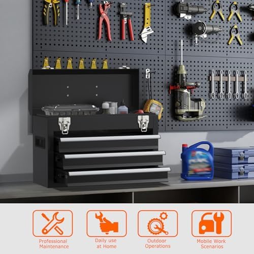 portable metal tool box with drawers, latches tool on a desk or shelf