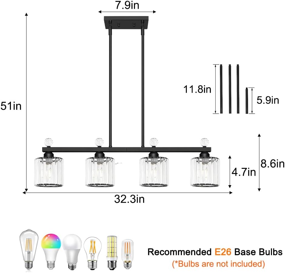 32" Crystal Island Light for Kitchen, 4-Light Black Linear Pendant Light | Linear Chandelier over Kitchen Island, Modern Ceiling Hanging Chandelier for Dining Room. Adjustable Height, E26