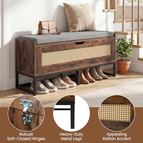 giantex rattan shoe bench, flip-top entryway bench with, front angle view