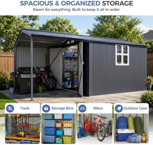 10x15.5 ft metal storage shed with window, lockable on a desk or shelf