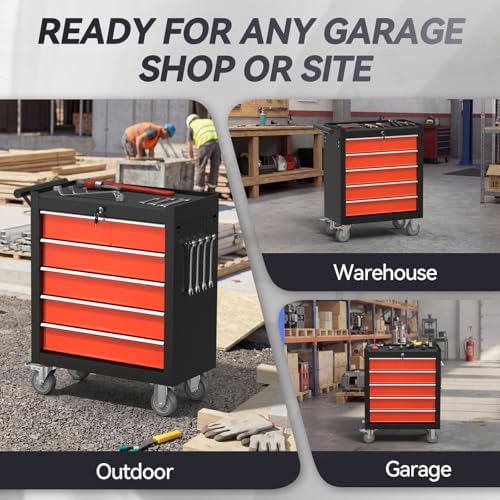 5-drawer rolling tool chest with wheels, metal tool on a desk or shelf