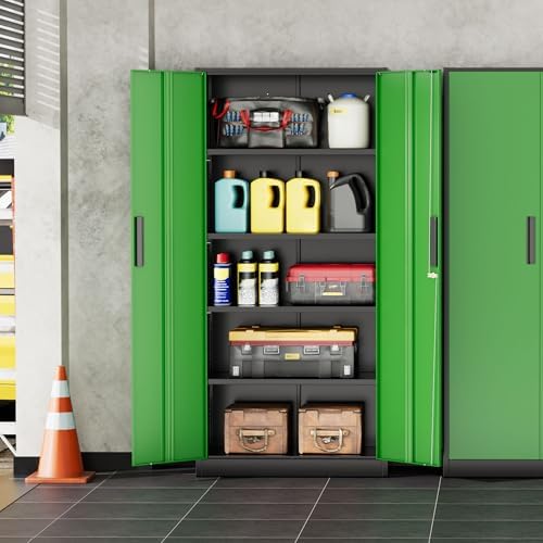 intergreat storage cabinet with doors and shelves, metal, front angle view