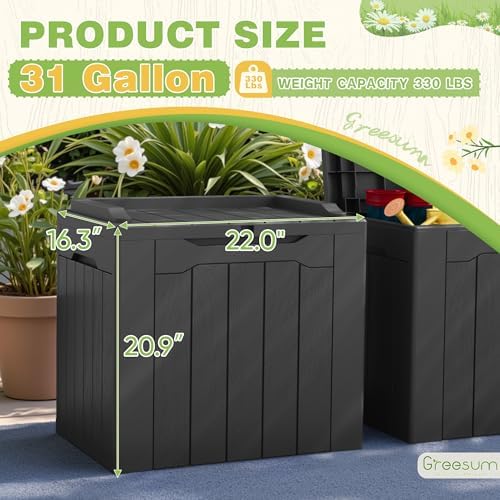 greesum 31 gallon deck box for outside, all on a desk or shelf