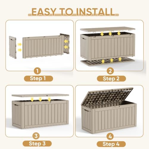 150-gallon lockable deck boxes, waterproof outdoor storage box, front angle view