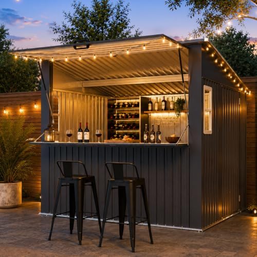 aoxun 8x7 ft outdoor bar shed with canopy, front angle view