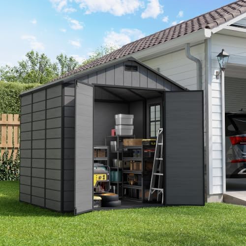 amopatio 8x6 ft resin shed, outdoor storage shed, front angle view