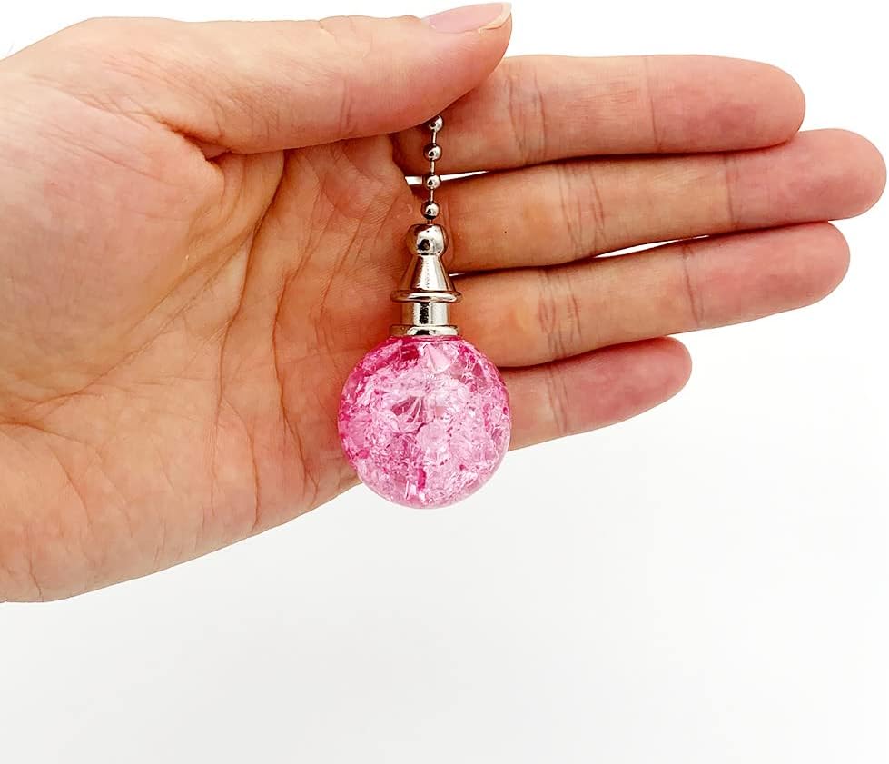 2 Pack Pink Glass Ceiling Fan Pull Chain, Fan Lamp String Pulls Crystal Decorative Extension, 12 Inches Ball Chains Extender Ornament with Connector