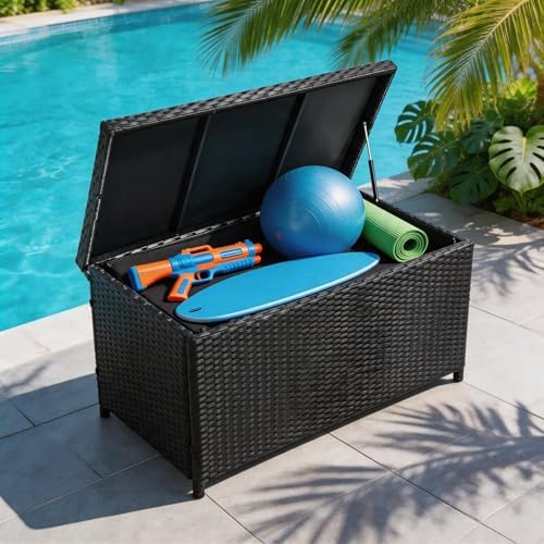sundale 70 gallon black rattan deck storage box, view 9