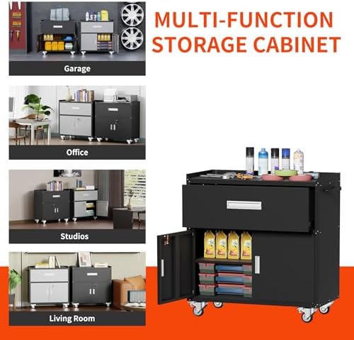 washsemba metal garage storage cabinet with wheels,lockable rolling, front angle view