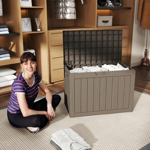 45 gallon outdoor deck box, lockable waterproof outdoor on a desk or shelf
