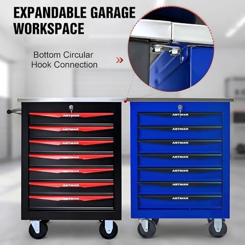 rolling tool chest,stainless steel worktop,black,7‑drawer, view 10