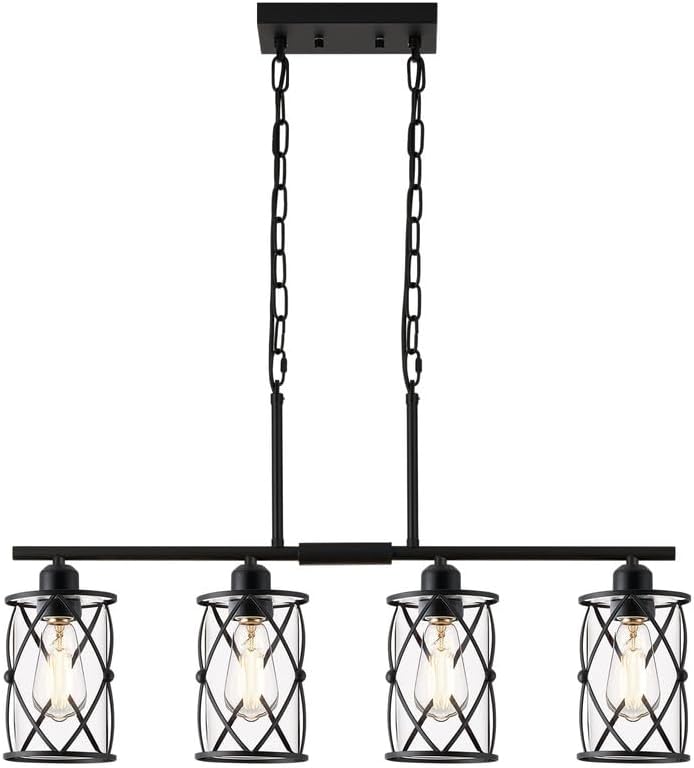 4-Light Kitchen Island Lighting, Modern Black Dining Room Light Fixtures with Clear Glass, Farmhouse Industrial Linear Chandelier Pendant Light with Adjustable Chain, CH9176BK-4IS