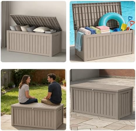 150 gallon outdoor storage box resin deck box, front angle view