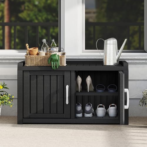 2-tier storage bench, waterproof uv-resistant outdoor shoe storage, front angle view