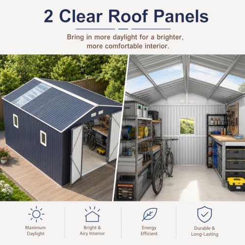 10x10 ft metal storage shed with window, lockable, front angle view