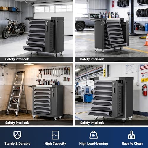 7 drawer rolling tool chest, side drawer, front angle view