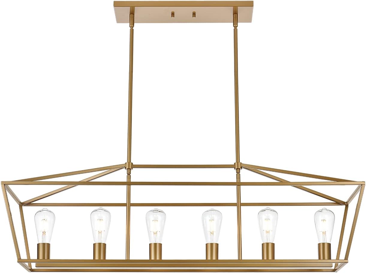 BONLICHT Farmhouse Chandeliers Gold 6 Light Modern Linear Dining Room Pendant Lighting Traditional Rectangular Kitchen Island Lantern Light Fixture Classic Ceiling Light with Adjustable Rods