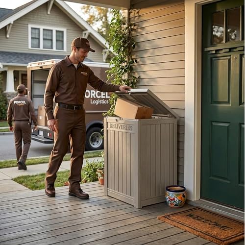package delivery box, lockable resin outdoor package, waterproof on a desk or shelf