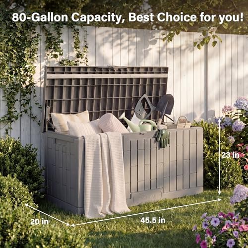 east oak outdoor storage box, 80 gallon deck, front angle view