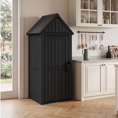 fancyango outdoor resin storage cabinet sturdy all-weather shed on a desk or shelf