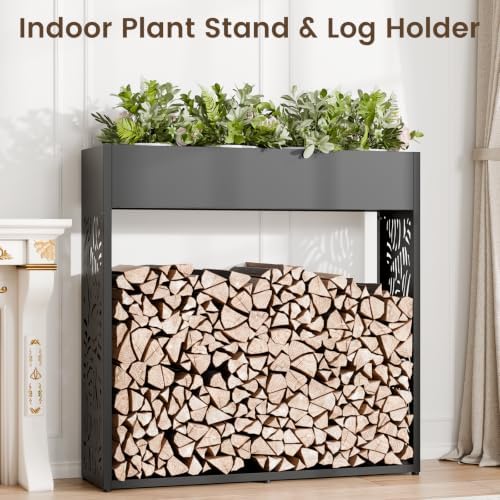 44" firewood rack outdoor with planter & reinforced, front angle view