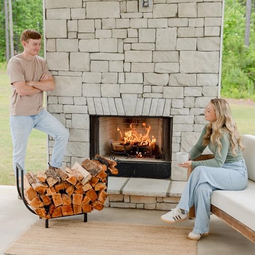 fireproof pros 32 inch curved firewood rack, black on a desk or shelf