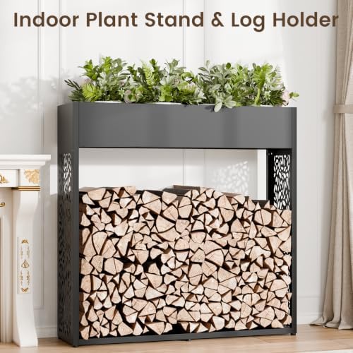 44" firewood rack outdoor with planter & reinforced, front angle view
