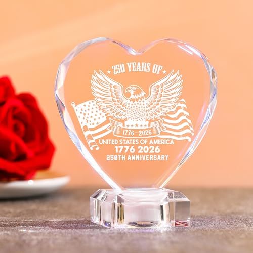 250th Anniversary 1776-2026 Heart Crystal LED Lamp, Engraved Crystal Night Light with Auto Color Changing, USB Powered Desk Decor Lamp for Men Women Veterans History Lovers