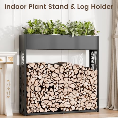 44" firewood rack outdoor with planter & reinforced, front angle view