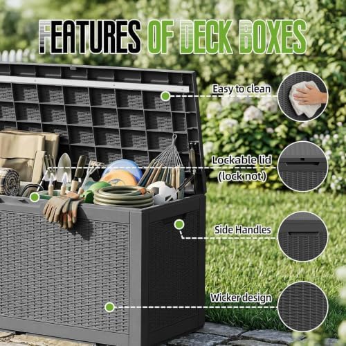 160 gallon outdoor storage box waterproof lockable deck on a desk or shelf