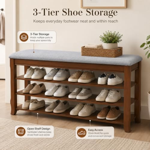 solidwood entryway shoe rack storage bench, flip-top soft-close, front angle view