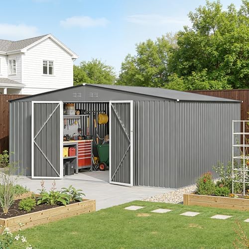 12ft outdoor storage shed,grey metal waterproof shed with, front angle view