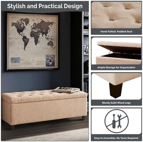 madison park 49" upholstered storage bench, button tufted, front angle view