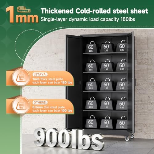 letaya metal garage storage cabinet with wheels,71" black, view 9