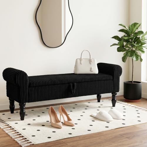 60" corduroy storage bench, queen end of bed, front angle view