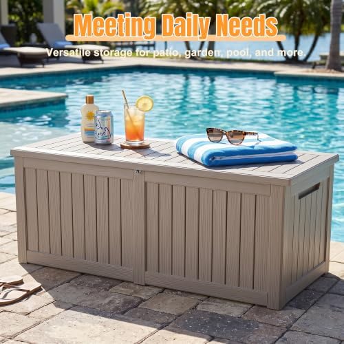outdoor storage box, 370 gallon waterproof resin deck, front angle view